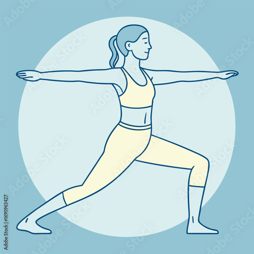 Woman in yoga warrior pose with arms extended in light yellow outfit fitness exercise