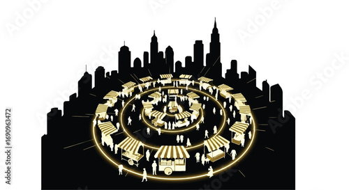 Vibrant circular marketplace bustles with activity against a modern city skyline silhouette