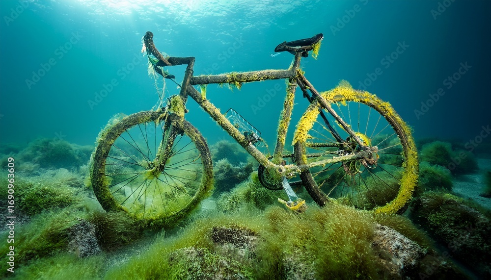 Fototapeta premium sunken bicycle on the seabed its frame covered in algae