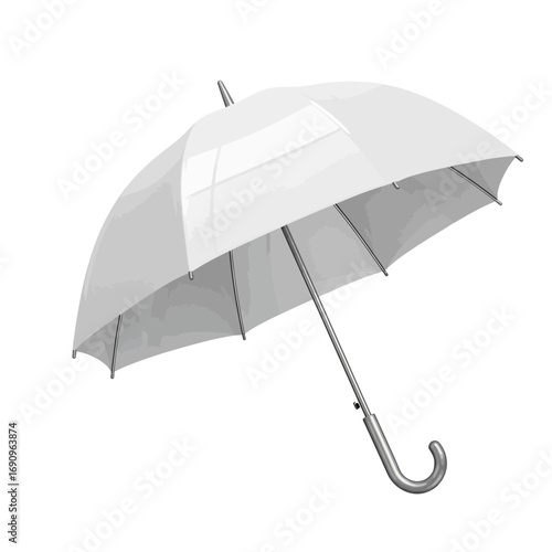 Clear transparent umbrella with silver handle on white background