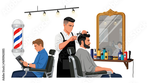 Professional barber with clippers giving a stylish haircut to a seated client while another customer works on a laptop in a modern barbershop