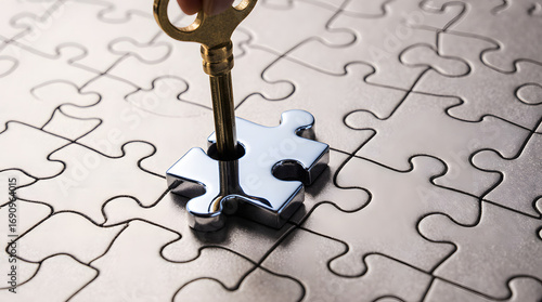Key unlocking puzzle piece, symbolizing solution and problem solving.