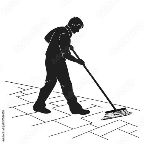 Person sweeping courtyard