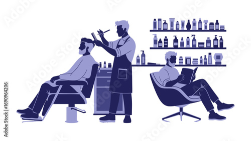 Silhouetted barber meticulously cutting hair of seated client while another waits reading a magazine in a modern barbershop setting