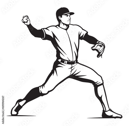 Baseball pitcher illustration throwing a baseball fastball in silhouette vector art