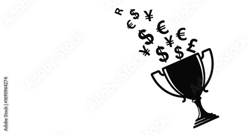 Trophy overflowing with diverse global currency symbols representing financial success and wealth accumulation.