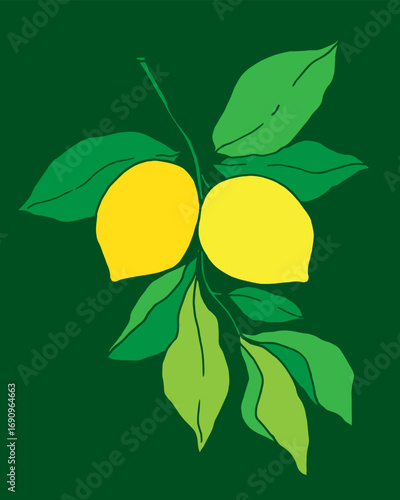 lemons on a branch with leaves, hand drawn, vector illustration on a dark green color