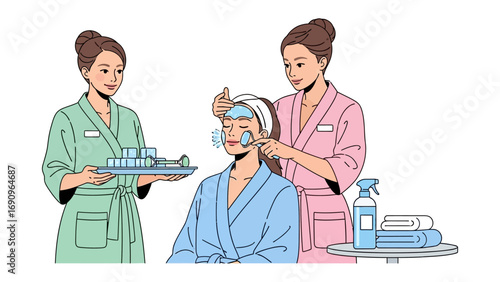 Two women in bathrobes giving a facial treatment to a third woman in a spa setting with beauty products and tools