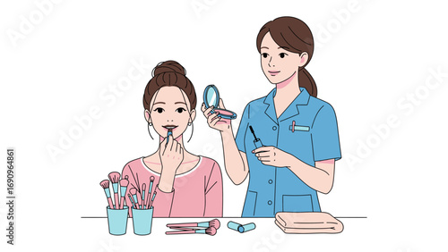 Professional makeup artist applying cosmetics to a young woman using a mirror and brushes in a beauty salon setting