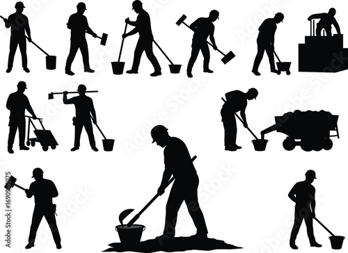 Silhouette construction workers with tools, hammers, buckets, wheelbarrows, shovels, industrial labor, heavy work men, shadow illustration of building and construction site jobs