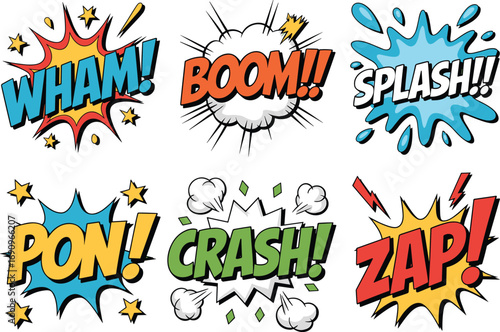 Colorful comic book sound effects pop art style, explosion text bubbles, retro cartoon action words for superhero and comic design