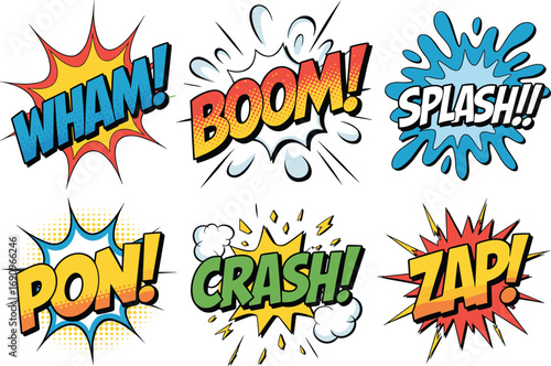 Colorful comic book sound effects pop art style, explosion text bubbles, retro cartoon action words for superhero and comic design
