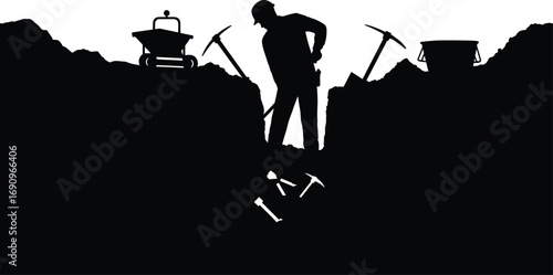 Silhouette of construction worker digging in trench with pickaxe and shovel, industrial labor job at work site, black shadow man illustration, excavation design