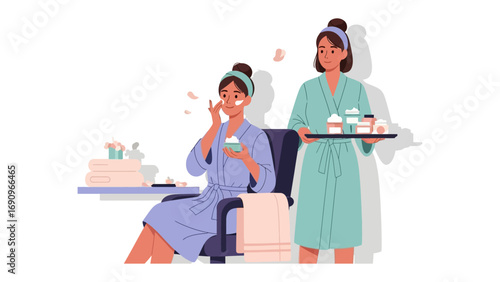 Two women in bathrobes and headbands enjoying a spa day at home applying face masks and enjoying refreshments