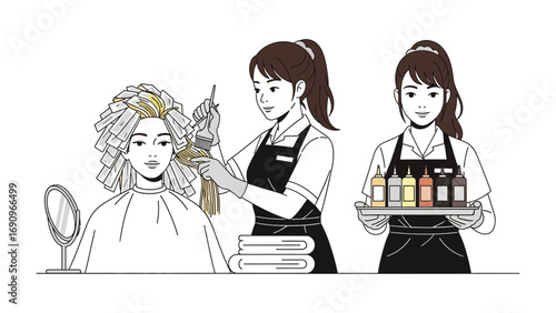 Two professional female hairstylists in aprons working on a client s hair with styling tools and products in a salon setting