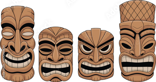  Traditional tiki mask vector illustration, Polynesian tribal face art, wooden totem design, cultural heritage sculpture, exotic island mask clipart set