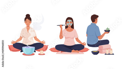 Three women in different poses of relaxation and self care including meditation facial mask application and enjoying a warm beverage