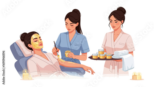 Young woman relaxing in a spa chair receiving a facial treatment with golden mask applied by a beautician holding a brush and another attendant offering products