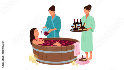 Woman enjoying a luxurious wine bath spa treatment with attendants serving wine and petals for ultimate relaxation and rejuvenation