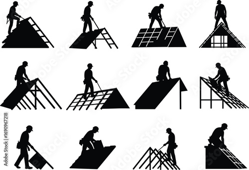 Silhouettes of construction workers installing roof panels and frames, industrial labor job at building site, black shadow illustration, man at work, architecture occupation design