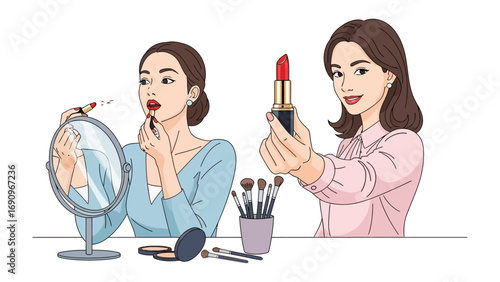 Two young women applying makeup with lipstick and brushes in front of a mirror preparing for a special occasion or everyday beauty routine
