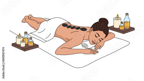 Relaxed woman receiving a soothing hot stone massage therapy treatment on her back in a spa setting with oils