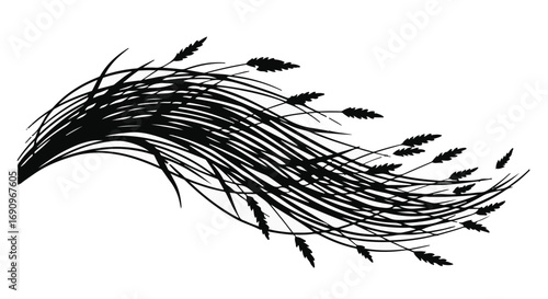 Abstract black ink brush strokes evoke flowing grass in the wind