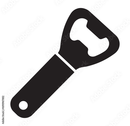 Black and white illustration of a bottle opener isolated on a clean white background.