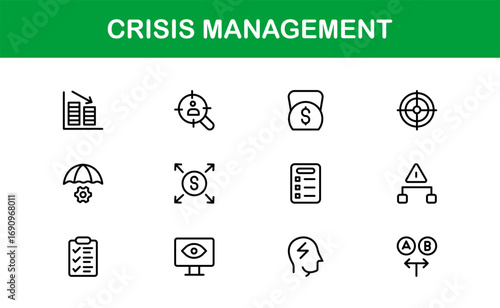 Crisis Management Icons – Professional Line Icon Set. Modern, minimal vector symbols for risk, recovery, and emergency planning.