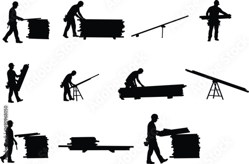 Silhouettes of construction workers carrying and stacking planks, industrial labor job at building site, black shadow illustration, architecture background, man at work occupation design