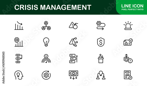 Crisis Management Icons – Professional Line Icon Set. Modern, minimal vector symbols for risk, recovery, and emergency planning.