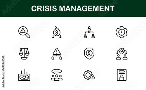 Crisis Management Icons – Professional Line Icon Set. Modern, minimal vector symbols for risk, recovery, and emergency planning.