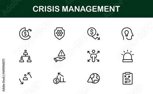 Crisis Management Icons – Professional Line Icon Set. Modern, minimal vector symbols for risk, recovery, and emergency planning.