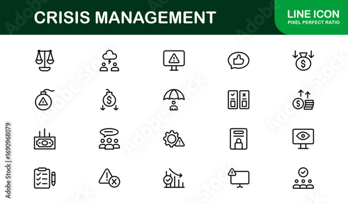 Crisis Management Icons – Professional Line Icon Set. Modern, minimal vector symbols for risk, recovery, and emergency planning.