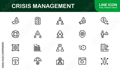 Crisis Management Icons – Professional Line Icon Set. Modern, minimal vector symbols for risk, recovery, and emergency planning.