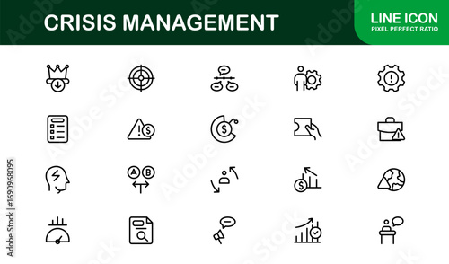 Crisis Management Icons – Professional Line Icon Set. Modern, minimal vector symbols for risk, recovery, and emergency planning.