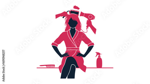 Stylish woman in a pink robe with hair dryer and styling tools ready for a glamorous hair transformation