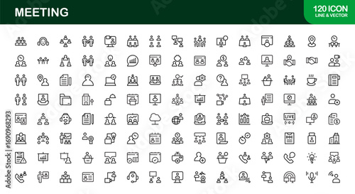 Meeting Icon Set Featuring Vector Line Art for Business Discussions, Team Collaboration, Video Calls, and Professional Communication