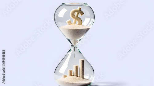 Hourglass with dollar sign and growing bar chart inside.