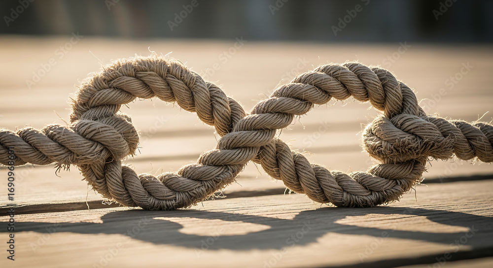 Fototapeta premium Strong nautical rope beautifully tied into an enduring infinity knot, symbolizing eternal connection and strength on a weathered wooden surface