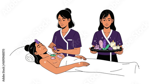 Two nurses in purple uniforms performing cupping therapy on a woman lying on a medical bed with essential oils