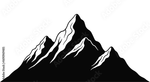 Majestic mountain range silhouette against a stark white background, conveying a sense of scale and natural power.