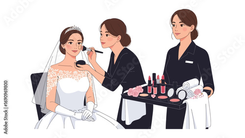 Bride receiving professional makeup application from a skilled artist with a makeup artist assistant holding supplies and tools