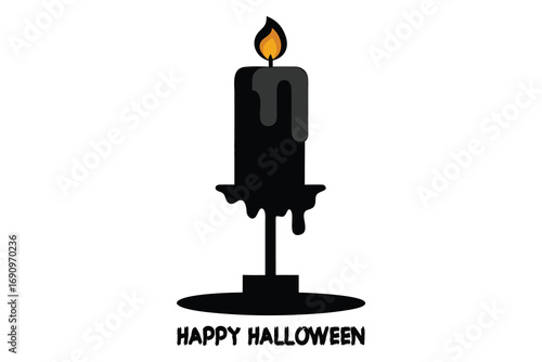 Realistic Halloween Vector of Dripping Black Wax Candle on Rusty Candelabra with Glow and Shadow