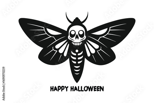 Halloween Vector Moth with Skull Pattern Wings on Weathered Bark, Detailed Entomological Illustration