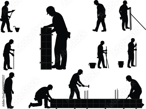 Silhouettes of construction workers with tools, assembling and hammering at building site, industrial labor occupation, black shadow illustration, architecture background, worker job design