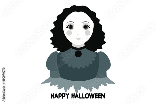 Halloween Vector of Tattered Restitched Victorian Doll with Cracked Porcelain and Worn Vintage Dress