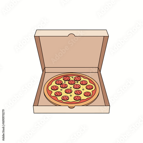 Pepperoni Pizza in Takeaway Box. Vector icon for restaurant and food delivery.