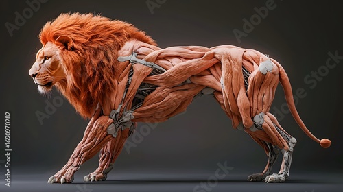 Lion's Muscular Anatomy A Detailed Render in Profile, Revealing Muscles and Skeleton