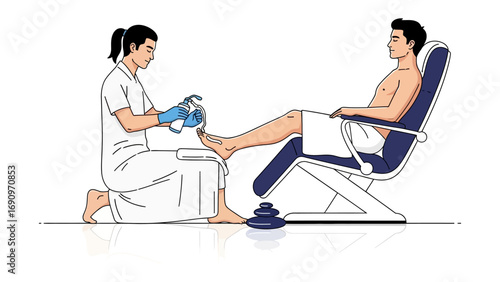 Professional podiatrist examining patient s foot during medical consultation in clinic setting with white background